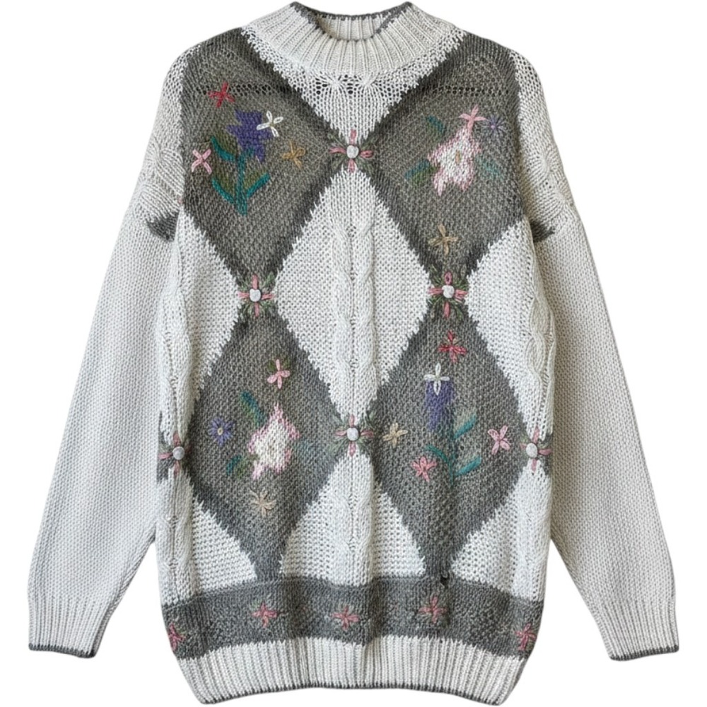 Vintage 90s Beldoch Popper Cottagecore Grandma Embroidered Chunky Knit Sweater
